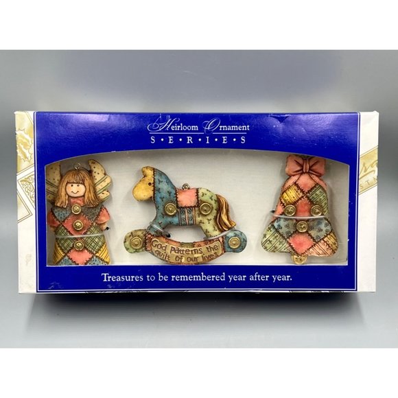 3 Pc. Sierra Gift Company Ceramic Patchwork Ornaments - Angel/Rocking Horse/Bell - Picture 9 of 9